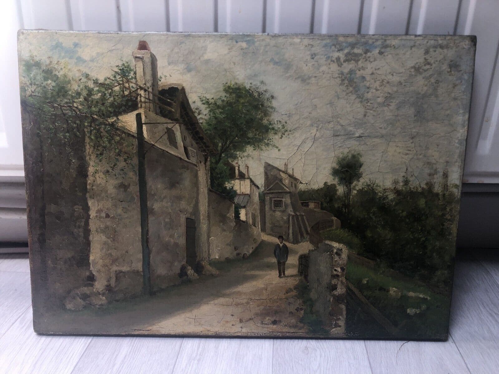 Antique Painting Original Landscape, People, Cityview, House signed 19th century image 5