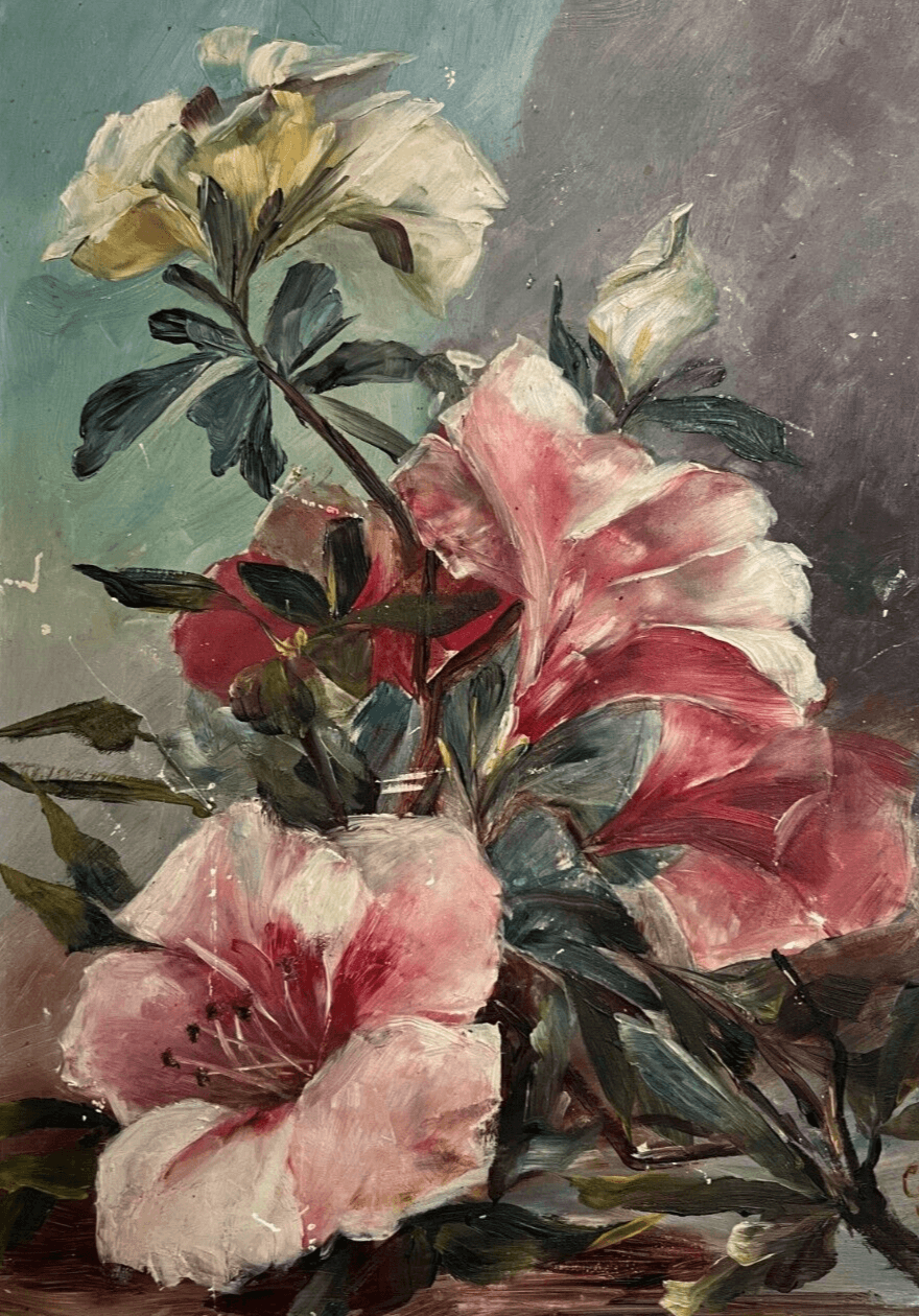 Antique Painting Flowers Bouquet Oil Pink Flower Bouquet Signed Floral image 1