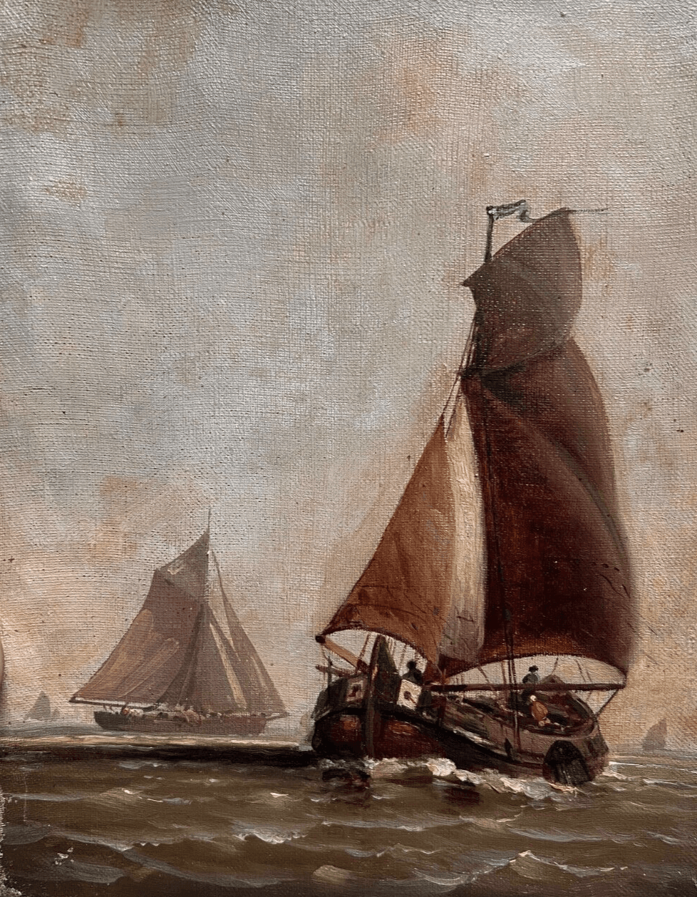 Antique Painting Original Landscape, Seaview, Boats, Seascape People signed image 1