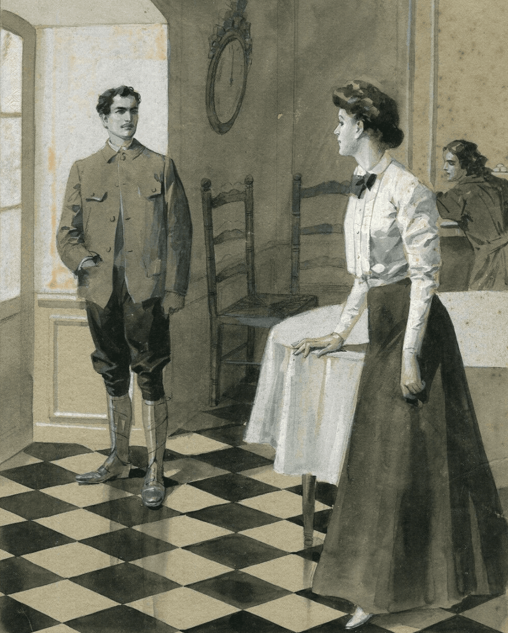 Antique Drawing Original Woman, Man, Portrait, Life Scene, Couple, Illustration image 1