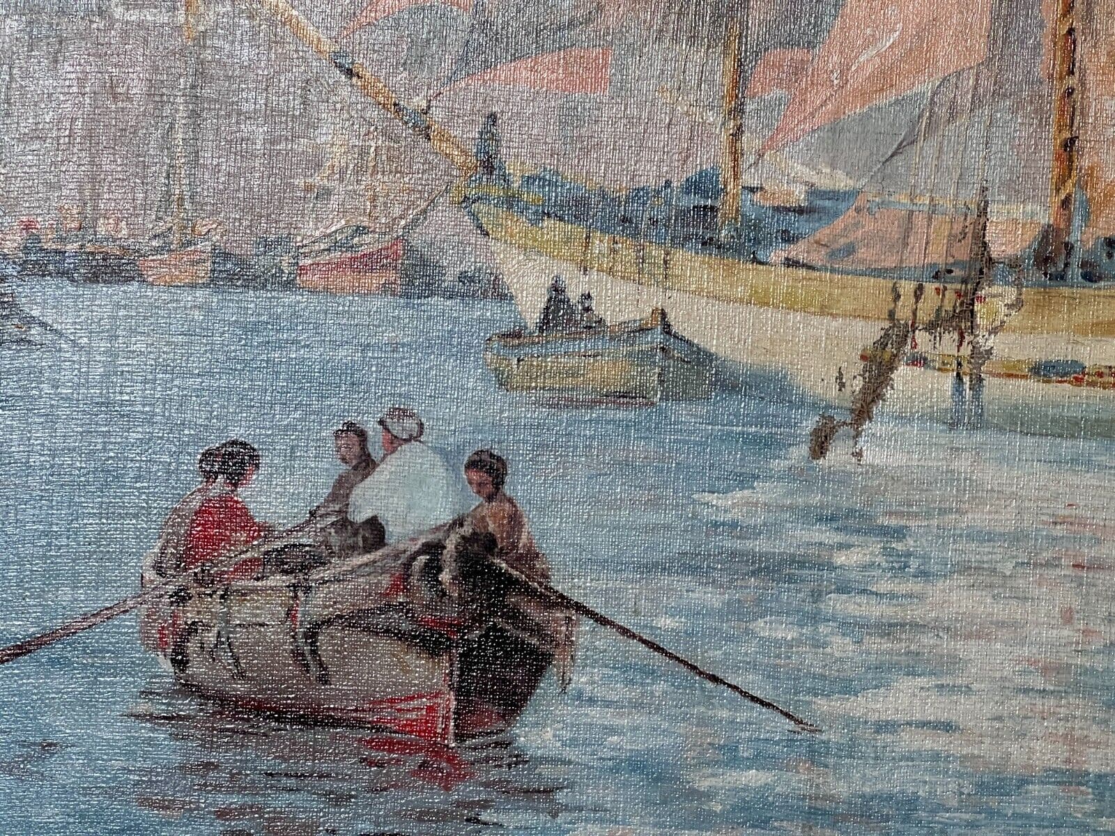 Antique Oil Painting Santa Salute Basilica, Grand Canal, Italy, Venice, Seascape image 6