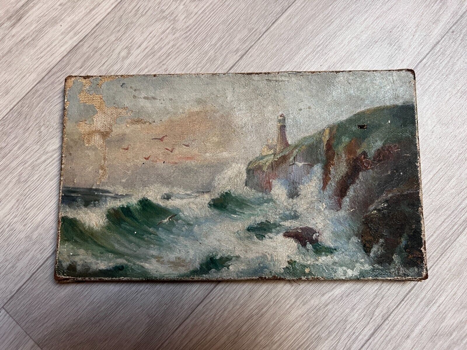 Antique Original Painting Landscape, Seaview, Lighthouse, Waves, Seagull signed image 6