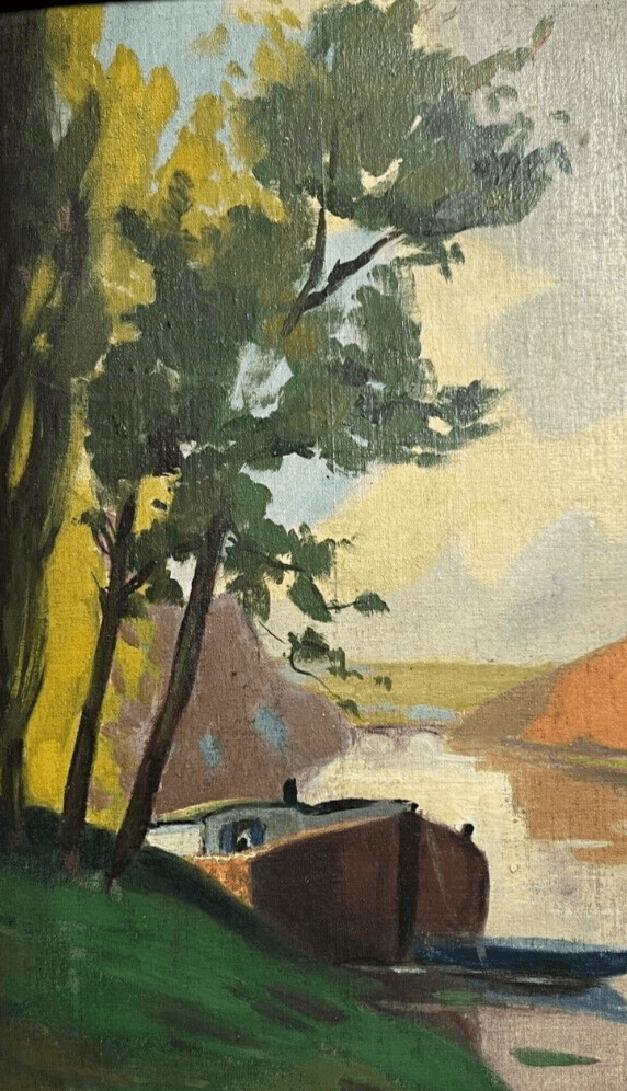 Vintage Oil Painting Maritime Landscape, Seaview, Boat, Tree signed image 4