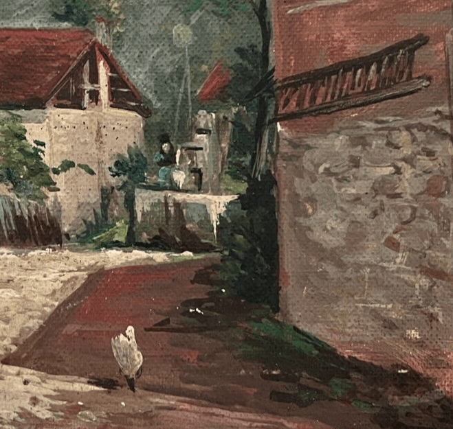 Antique Oil Vintage Original Painting Landscape Mountain Village, Chicken image 3