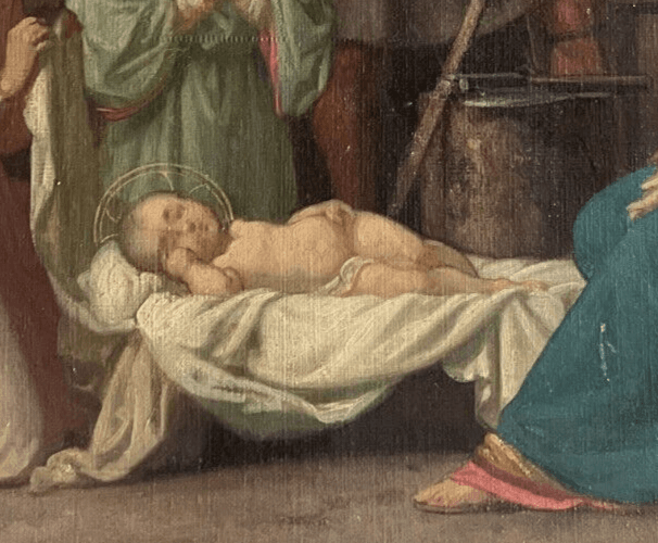 Antique Painting Original 19th century Religious Christ, Mary, Apostles Nativity image 3