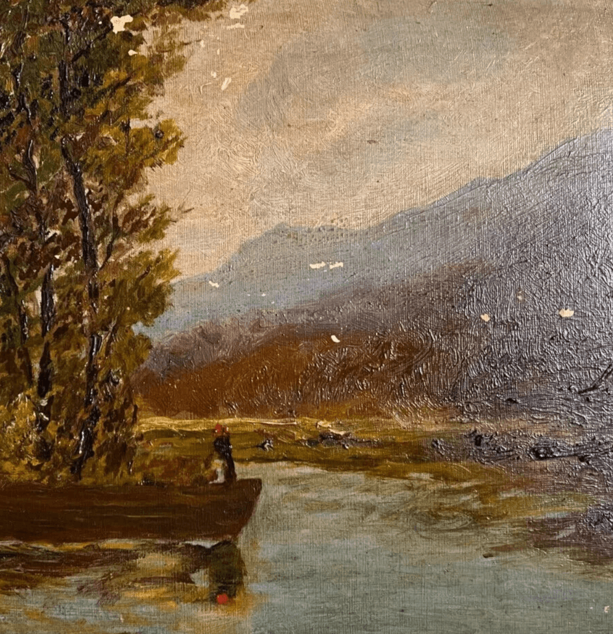 Vintage Oil Painting Maritime Landscape, Forest, Tree, Boat signed, Seascape image 4