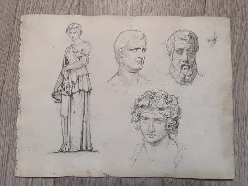 Antique Original Drawing 19th century Antique People Portraits image 7
