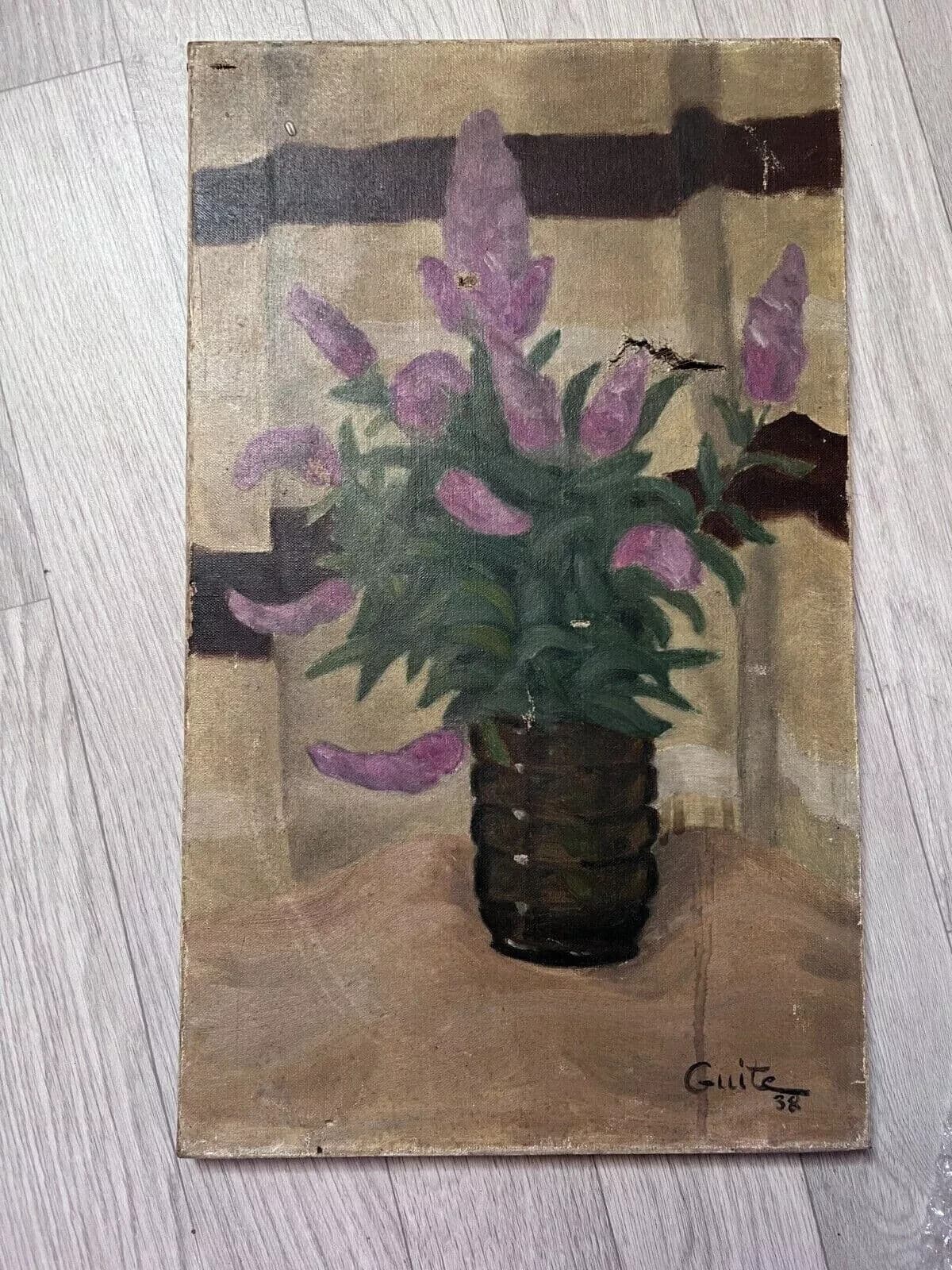 Antique Original Painting Purple Flowers Bouquet signed 1938 Floral image 6