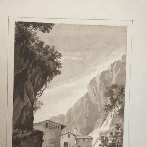 Antique Original Drawing 19th century Mountain Village Landscape image 4