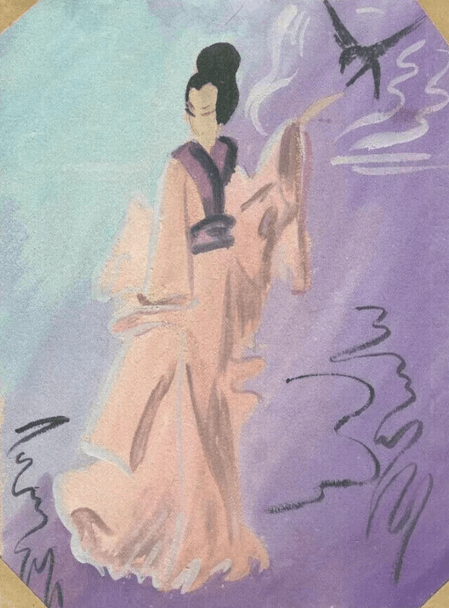 Vintage Drawing Woman Portrait, Asian Figure, Bird, Genre Scene Asian Artwork
