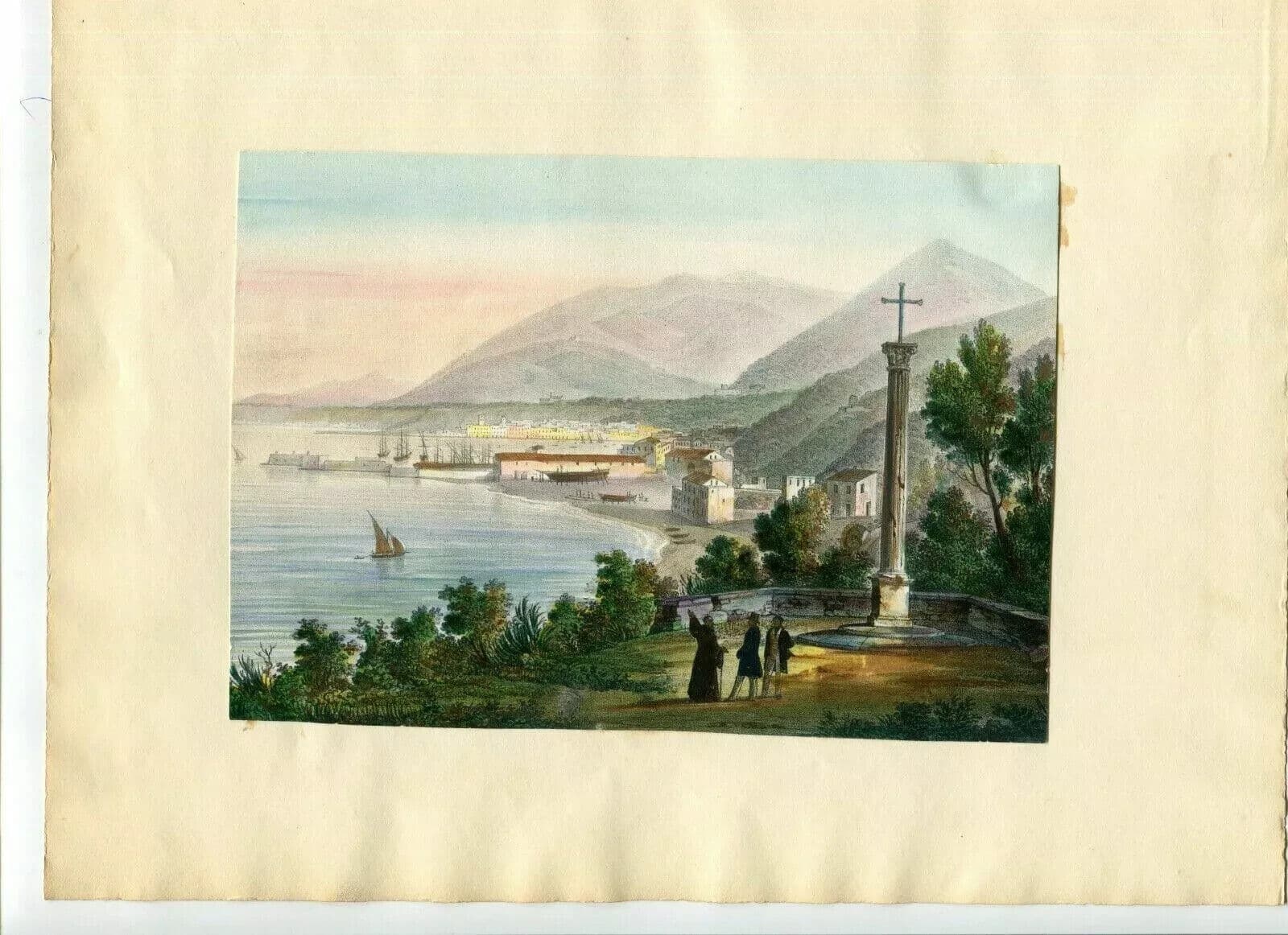 Antique Print 19th century Bay View Landscape, People, Cityview image 2