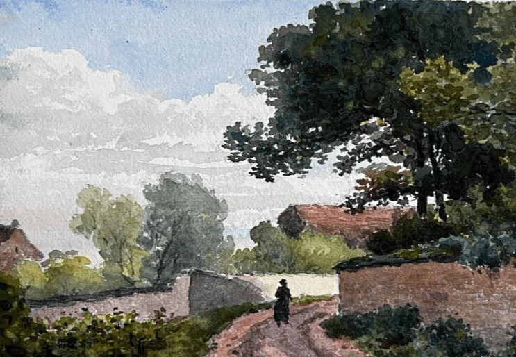 Antique Drawing Original Landscape, Cityview and People image 6