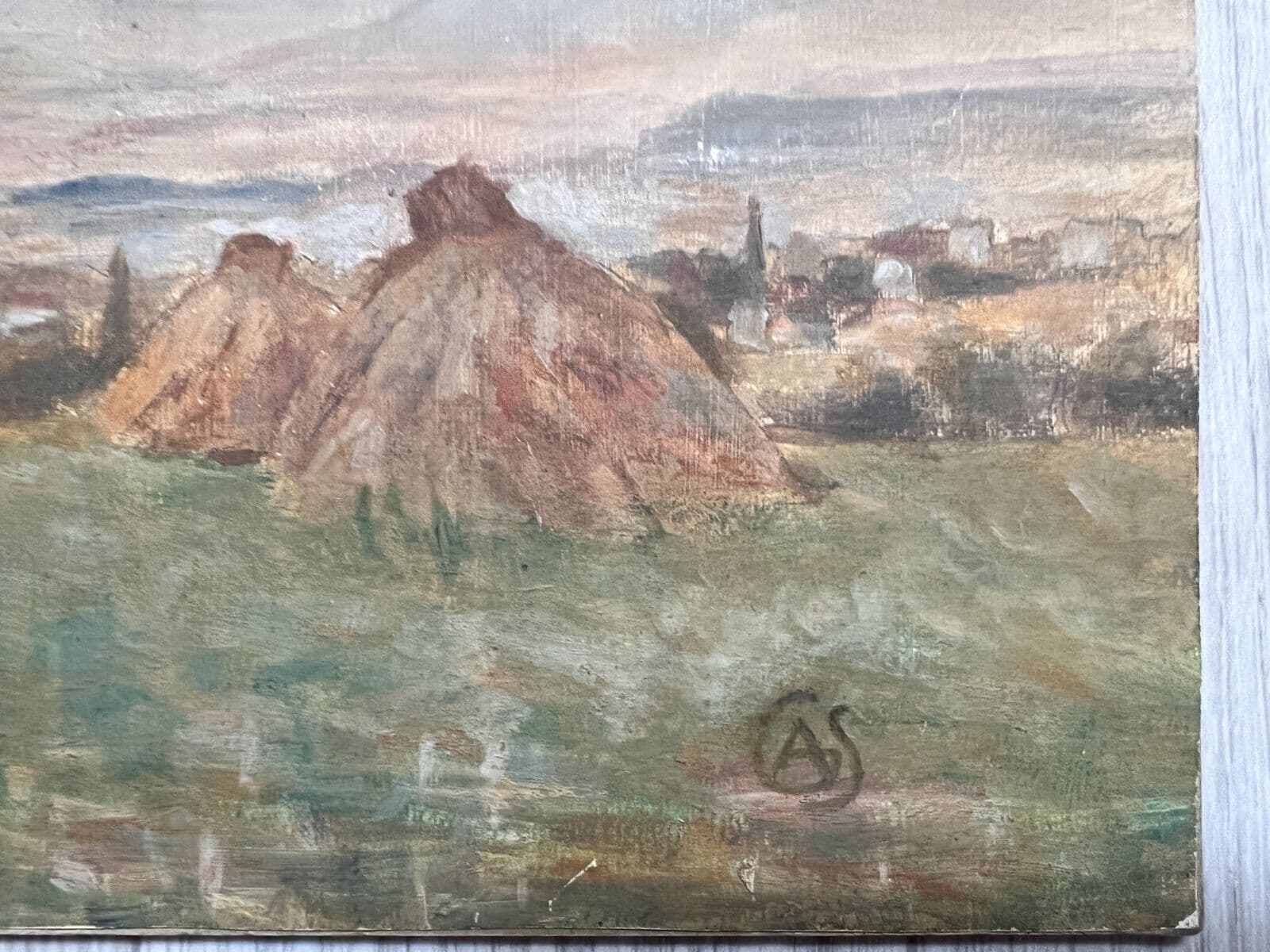 Antique Original Painting Landscape, Fields, Hay, Grass, Mountain signed image 5