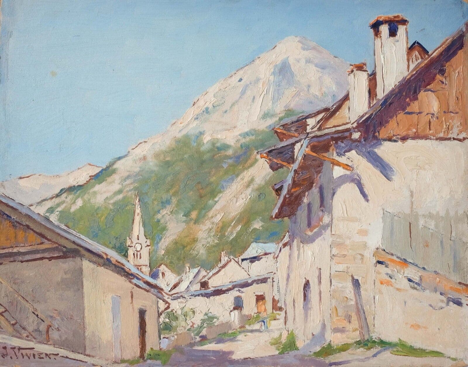 Antique Original Painting Mountain Landscape, Town, Buildings