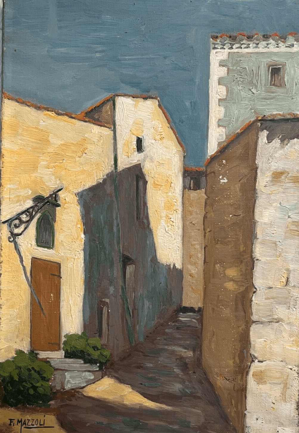 Antique Painting Original Cityview, Houses signed image 1
