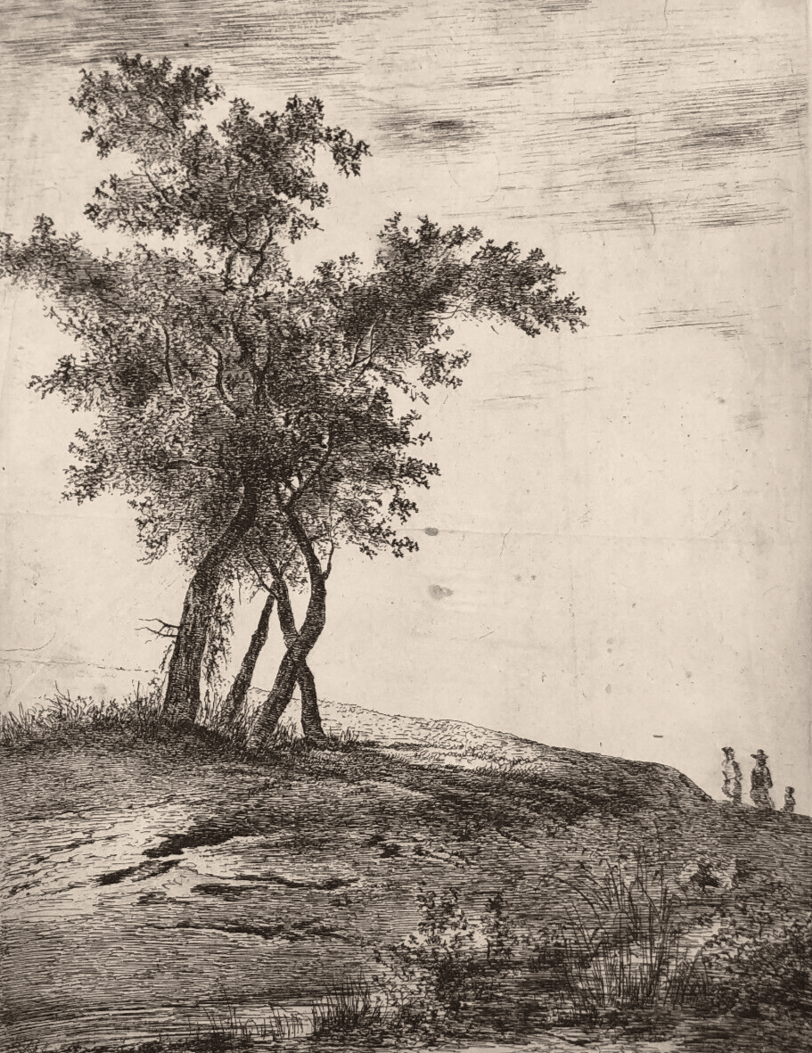 Antique Etching Original Landscape, Tree, People image 1