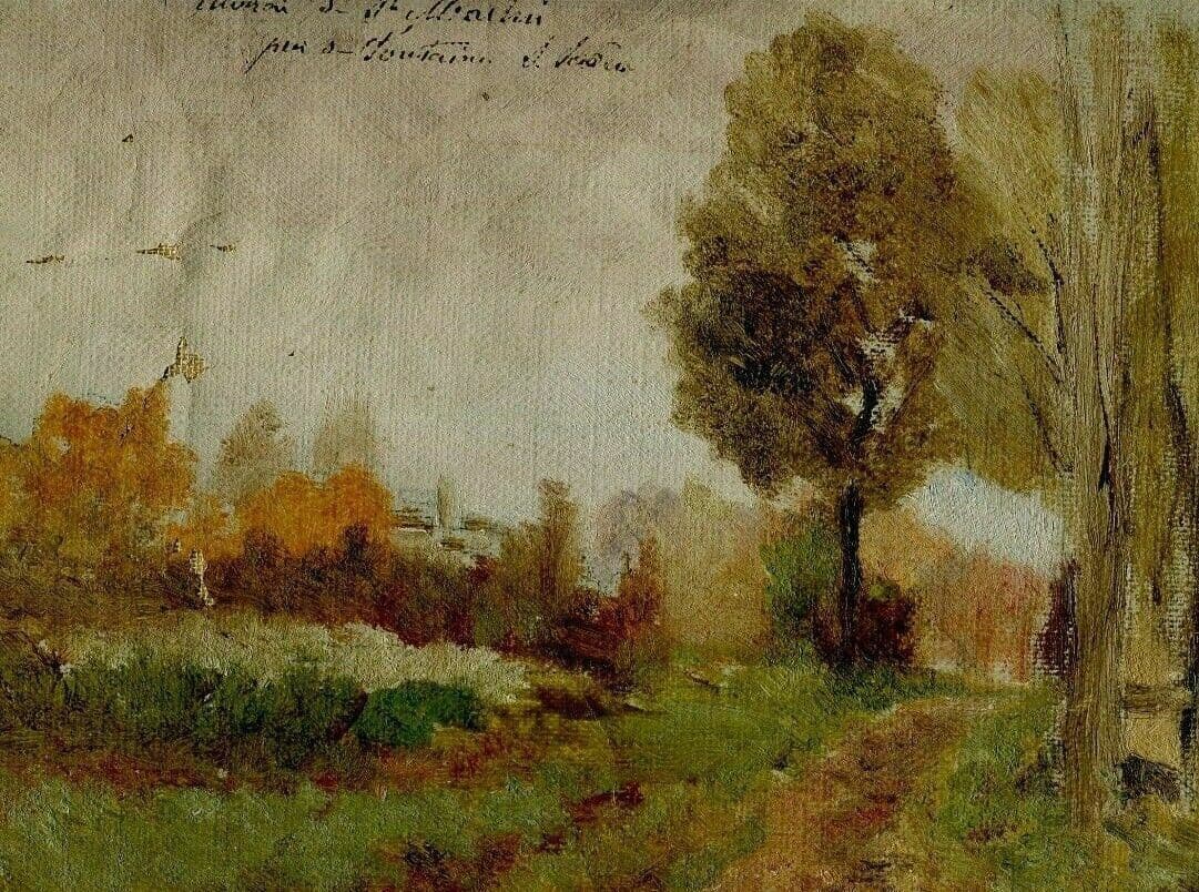 Antique Oil Original Painting Landscape Fountain s/Saône, Moutrin? French image 1