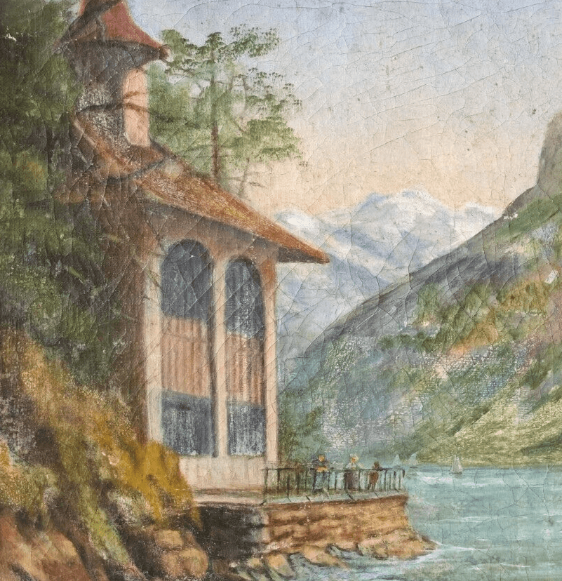 Antique Original Painting signed Mountain Landscape, Lake and Boat image 2