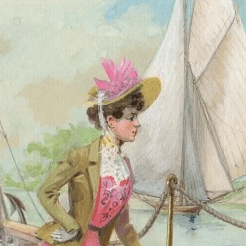 Art Nouveau Drawing Illustration, Woman on Boat, Flag, France, Sailor image 2