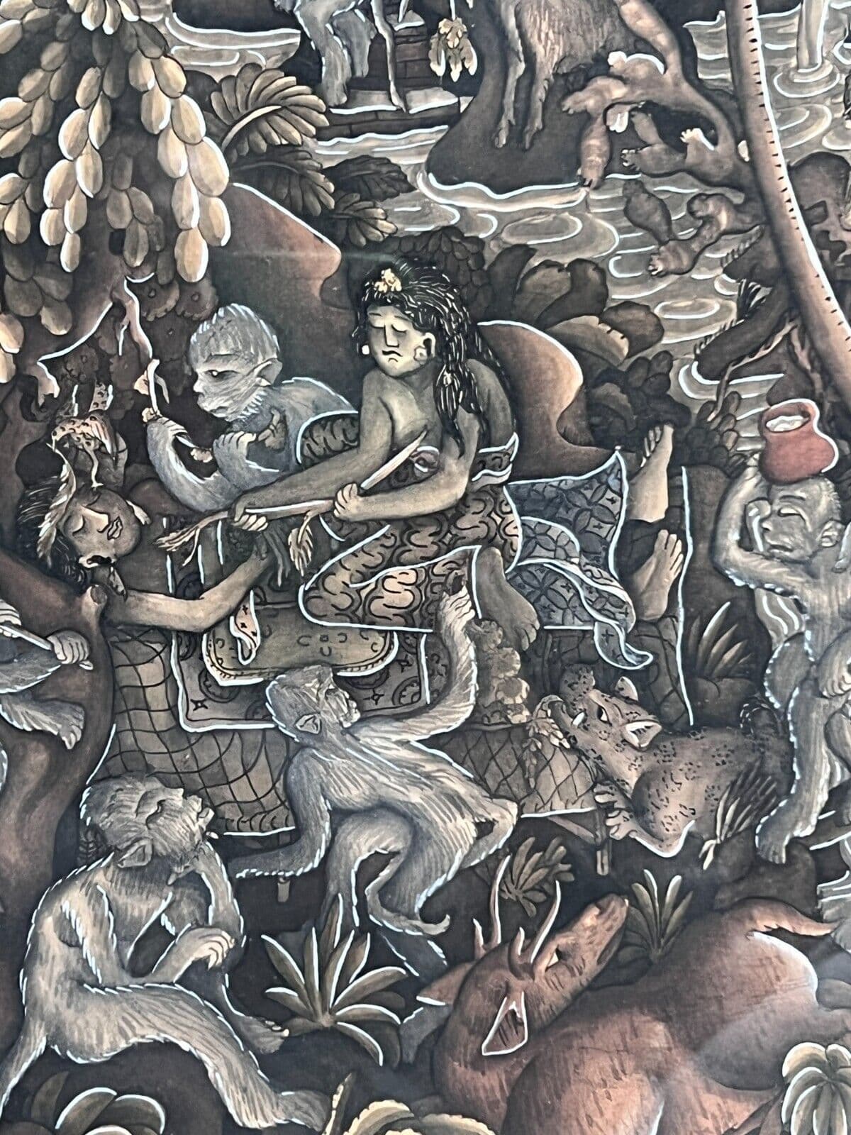 Vintage Oil Original Painting Indonesian Life, Landscape, People, Monkeys image 1
