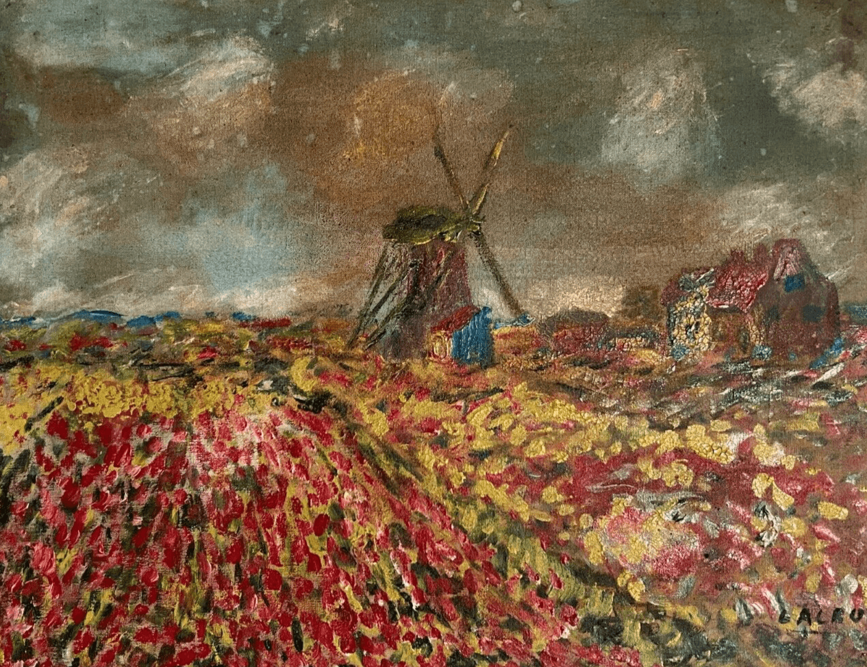 Antique Old Painting signed Mill Flowers Fields Landscape Floral image 1