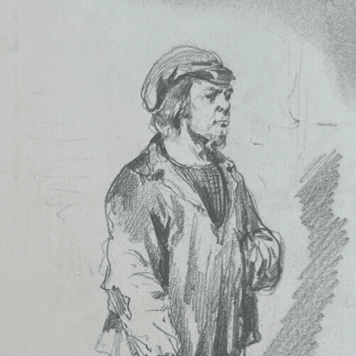 Antique Original Drawing 19th century Man Portrait with Stick signed image 2