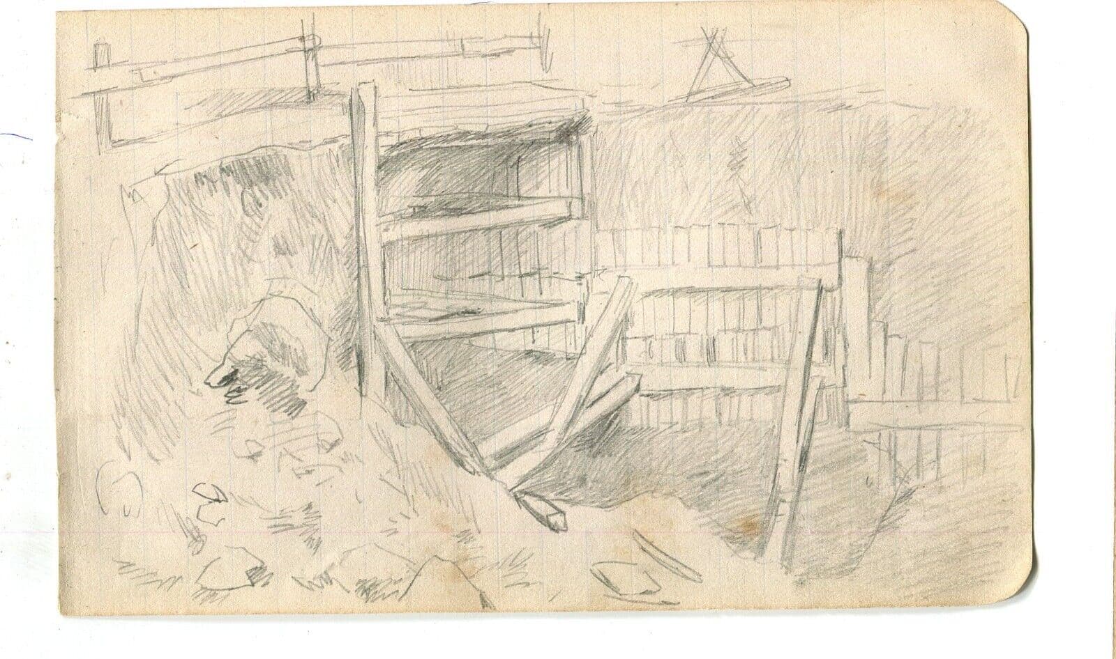 Vintage Pencil Original Drawing Entrance Mine, House, Landscape image 2