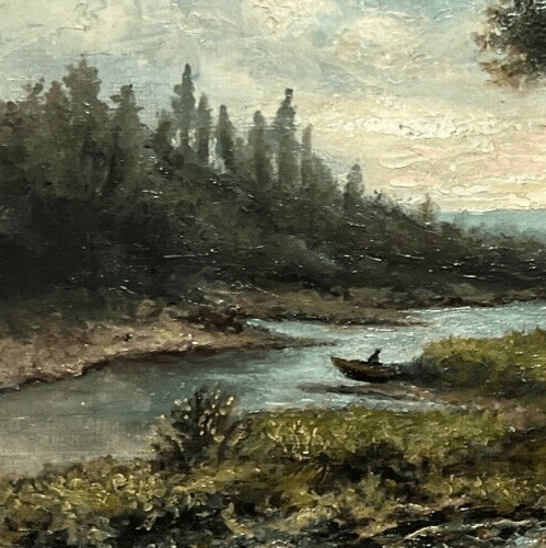 Antique Original Painting Landscape Trees, River, Forest, Fisherman signed image 3