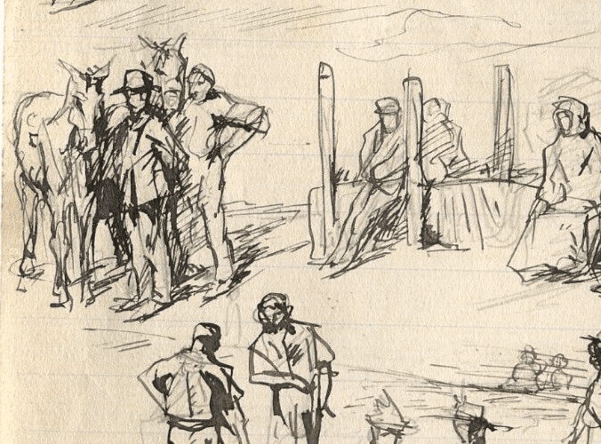 Vintage Ink Original Drawing Impressionism, Horse, Man, Family Figures image 4