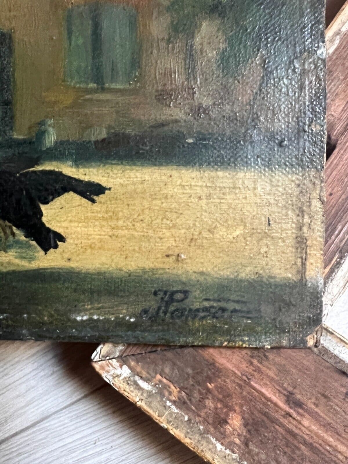 Antique Painting Original 19th Farm Farm House Birds Landscape image 4