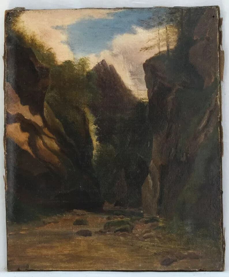 Antique Painting Oil Original 19th century Mountain Landscape with Waterfall image 7
