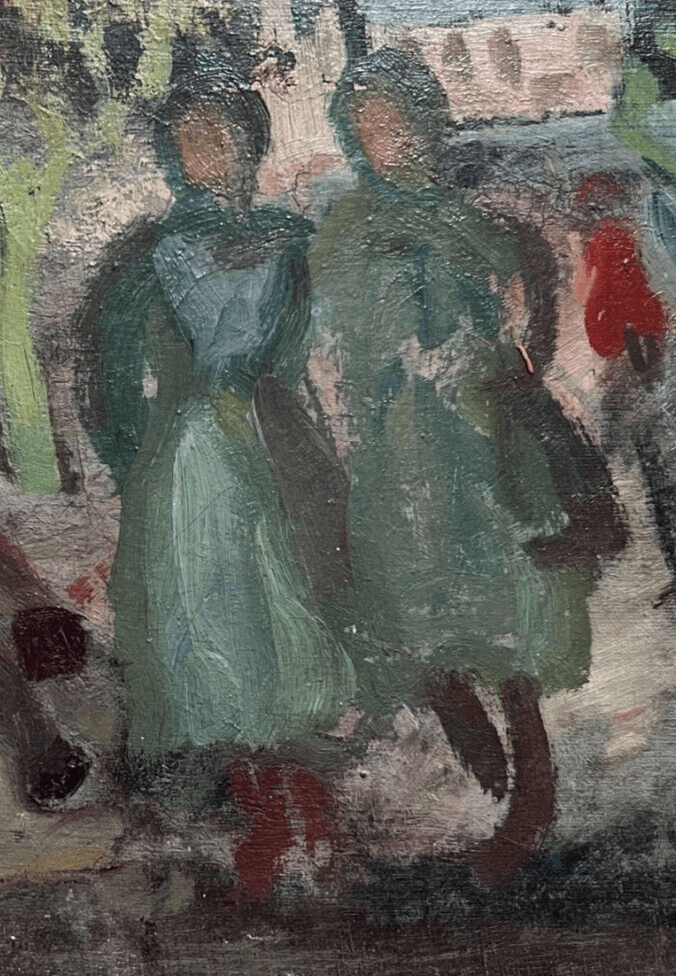 Antique Original Painting People, Cityview, Life Scene, Buildings c. 1920 image 3