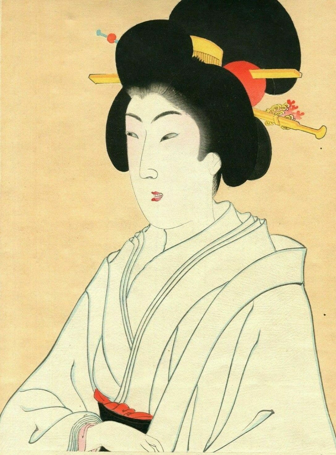 Japanese WoodPrint Woman Geisha Tea Portrait image 1