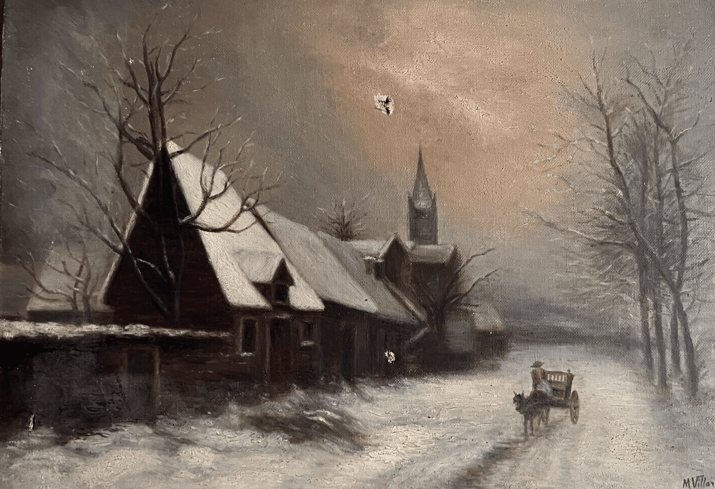 Antique Original Painting Landscape signed Winter Village Horse Landscape image 1