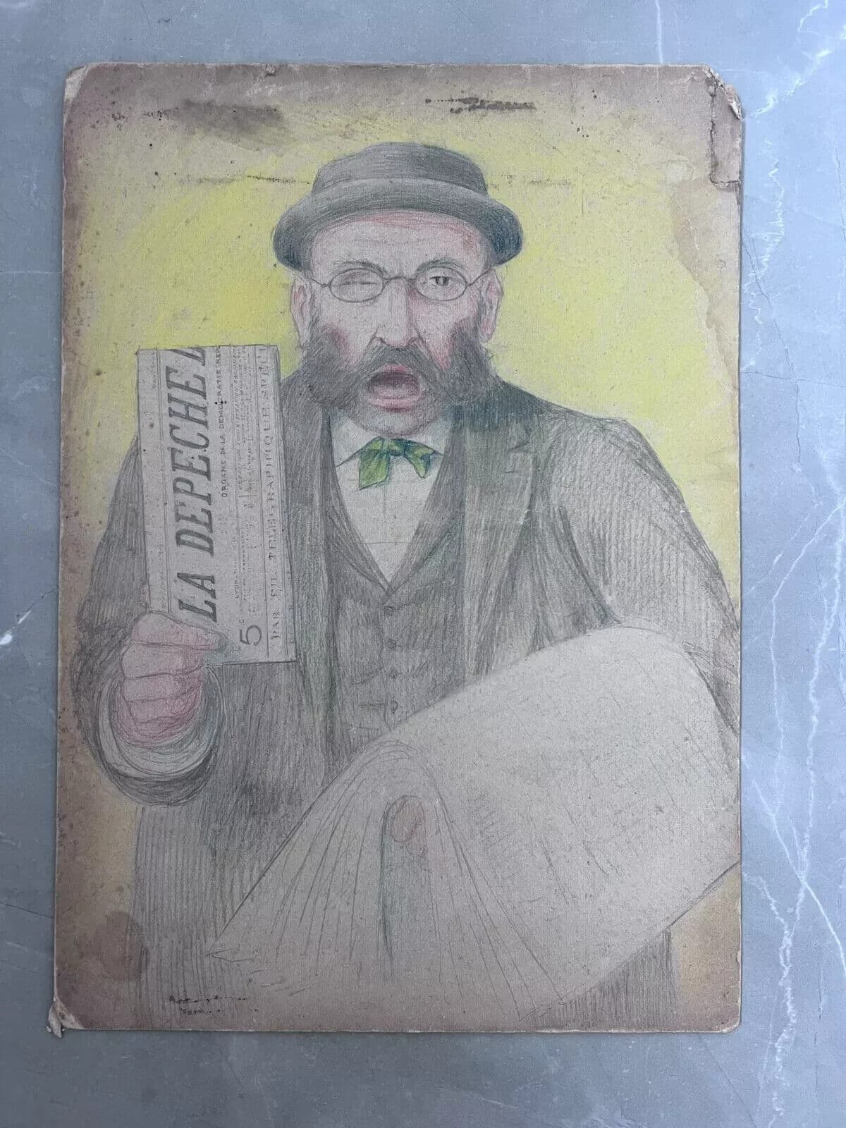 Antique Original Painting Signed Man Portrait, Newspaper, La Depeche image 2