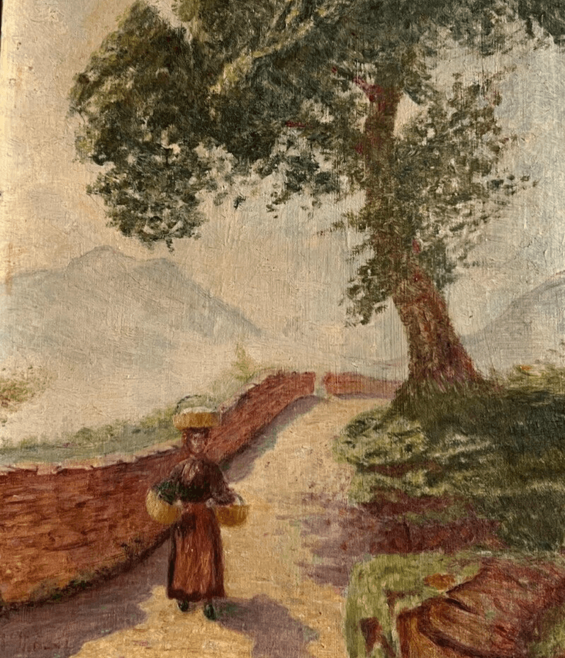 Antique Painting Landscape Original signed Woman, Work, Path image 6