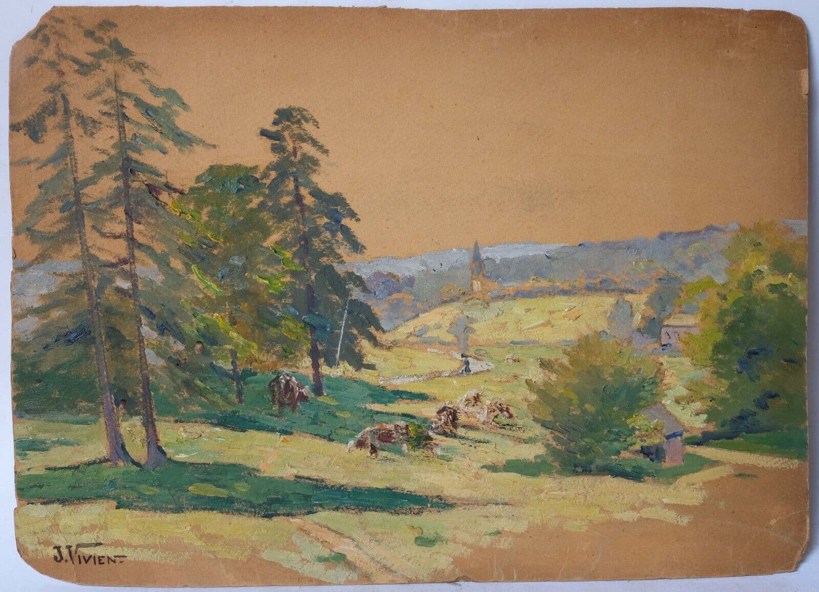 Antique Original Painting Landscape, Trees, Forest, Town, Nature signed image 4