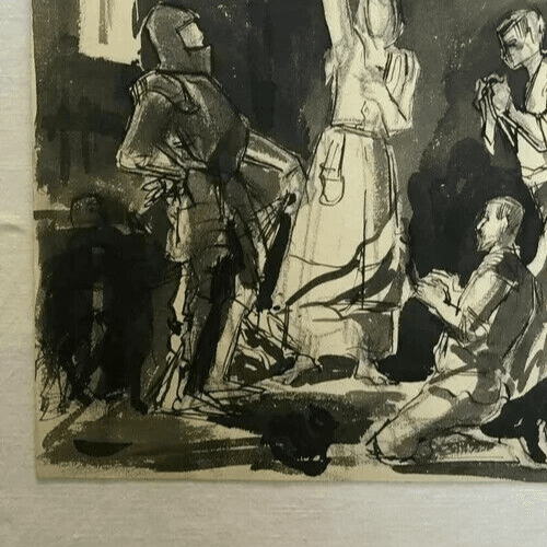 Antique Ink Drawing of Figures, Historical Scene image 2