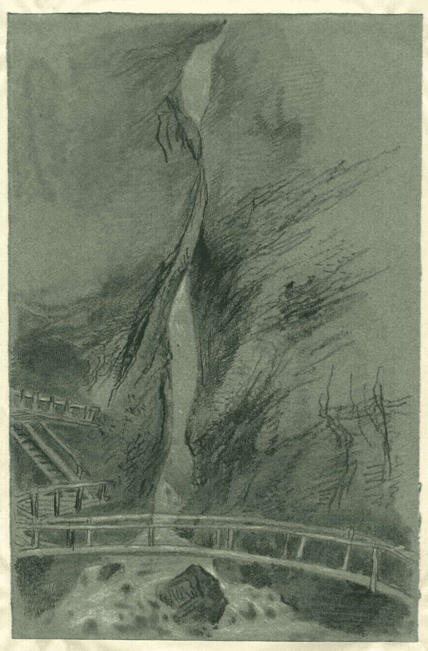 Antique Chacoral Drawing Landscape with Waterfall Sources from Grindlwald 1888 image 2