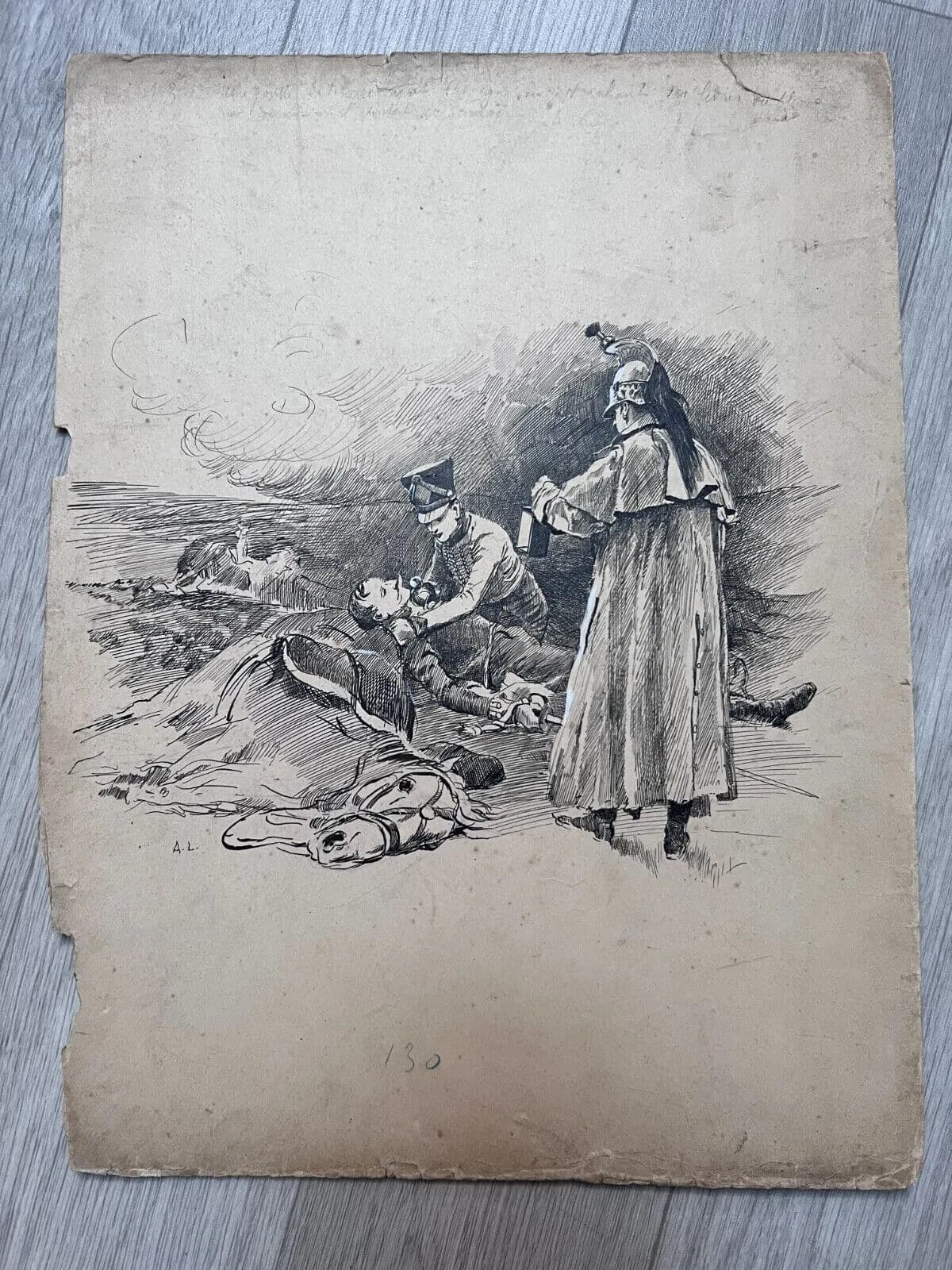 Antique Drawing 19th century Original War Military Scene, Death image 2