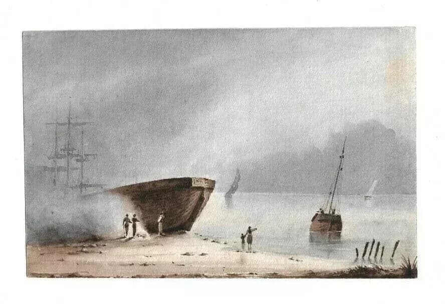 Antique Drawing Original 19th century Gouache Landscape by the Sea Artwork image 5