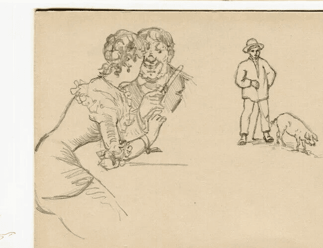 Vintage Pencil Original  Drawing Couple Portrait, Man with Pig image 4