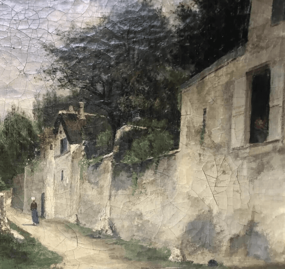 Antique Original Painting Cityscape Woman Village, Trees signed 19th century image 3