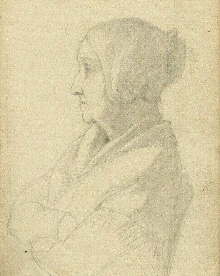 Antique Pencil Drawing 19th century, Woman Profil with a Shawl image 1