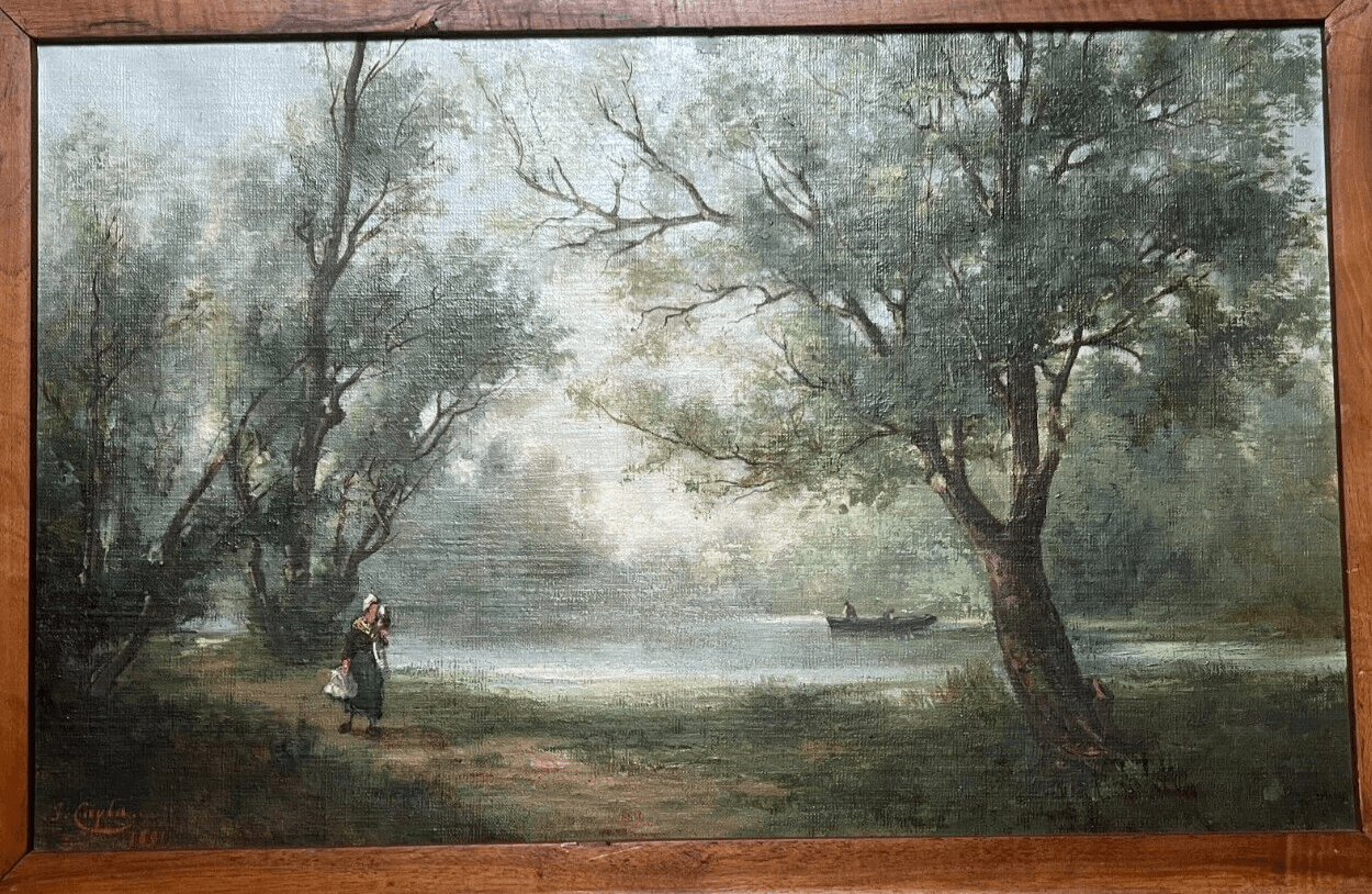 Antique Original Painting Landscape, Woman, Trees, Lake Jules CAYLA (XIX-XX) image 3