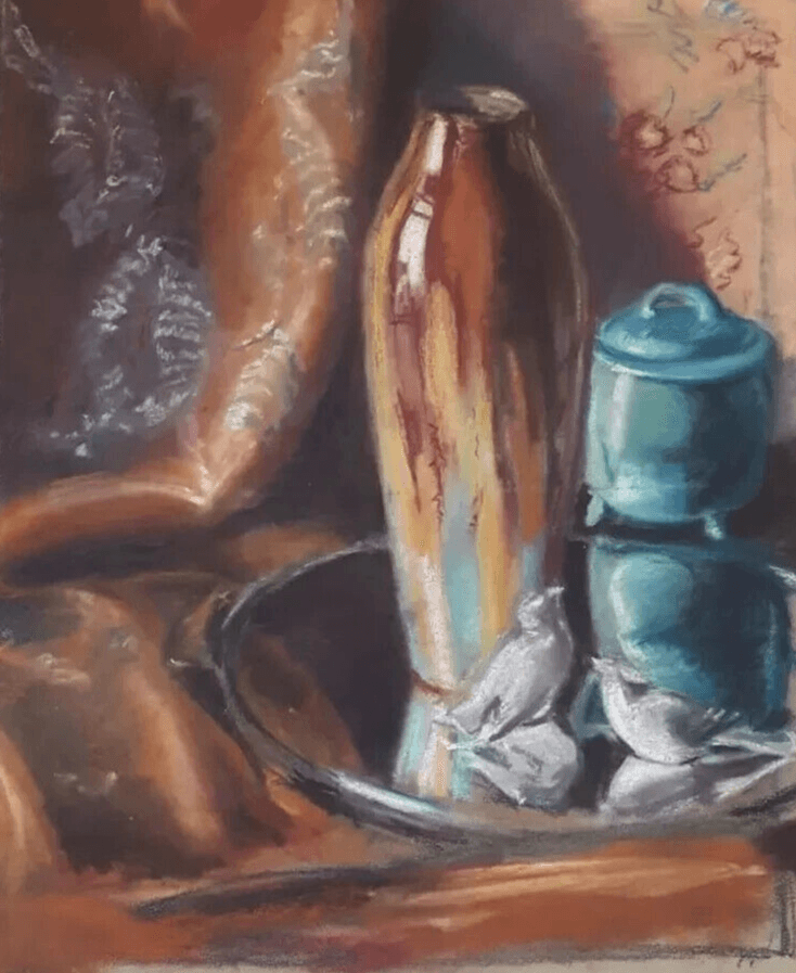 Antique Drawing Pastel Still Life Vase and Sculpture c. 1910 image 1