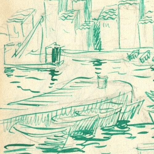 Vintage Ink Drawing Maritime Village by Sea Landscape and Boats c. 1929 image 2