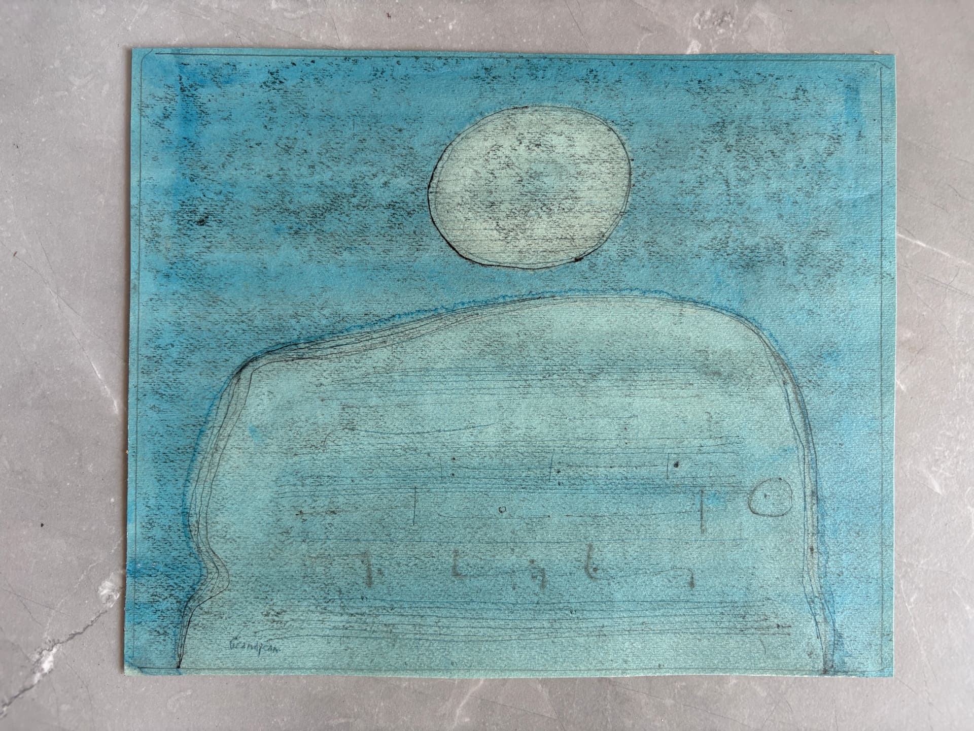 Modern Drawing Original signed Raymond GRANDJEAN (1929-2006) Blue Abstract Man