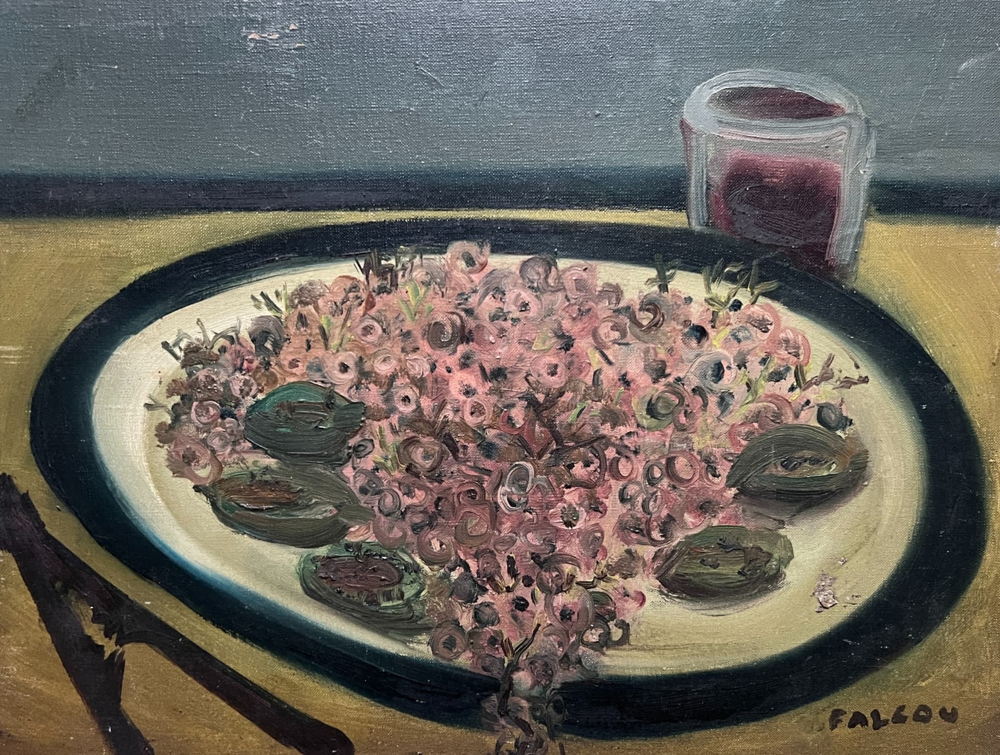 Painting Still Life Flower Plate and Wine Glass image 1