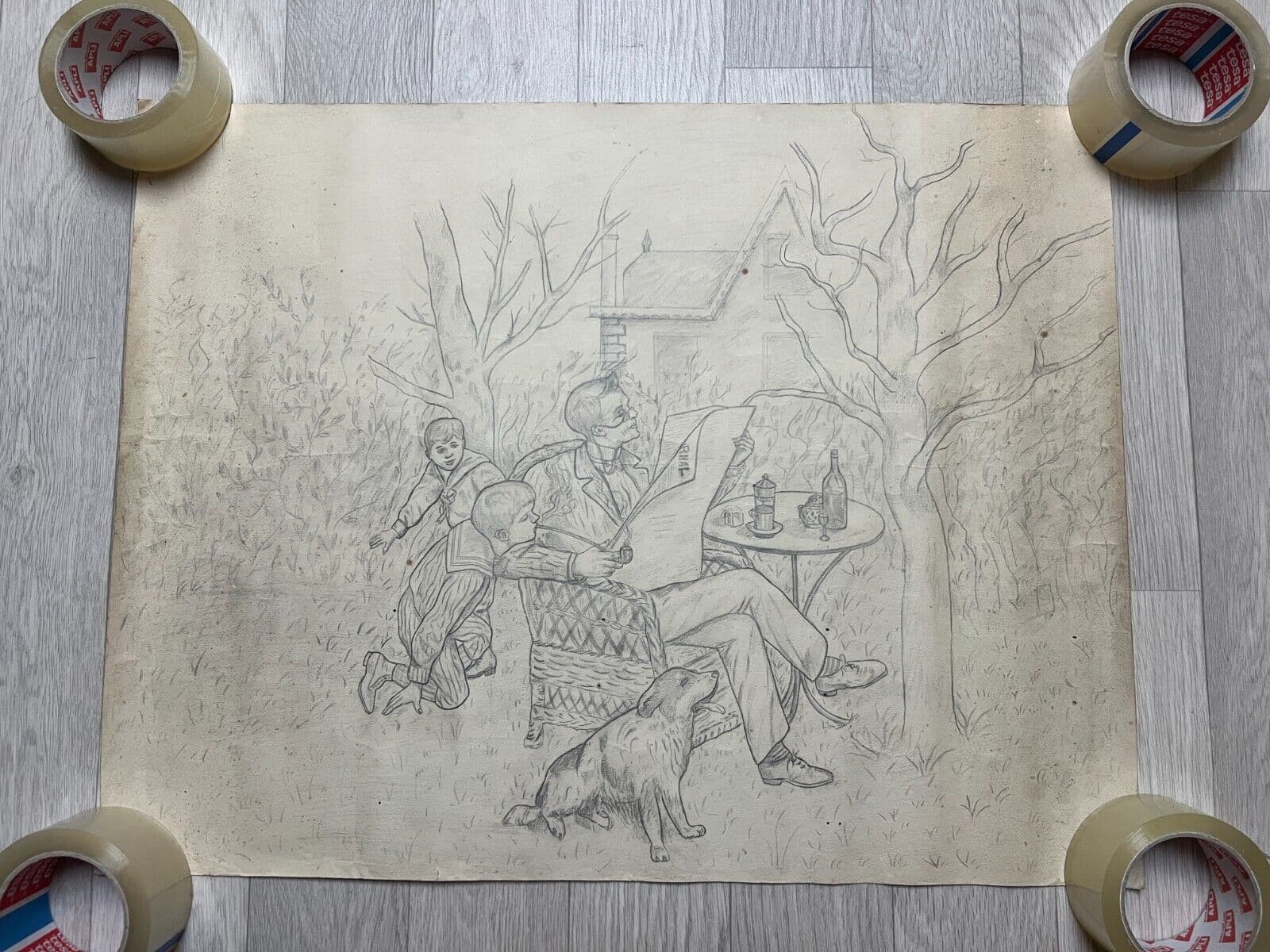 Antique Original Drawing People, Children, Dogs, Life Scene image 7